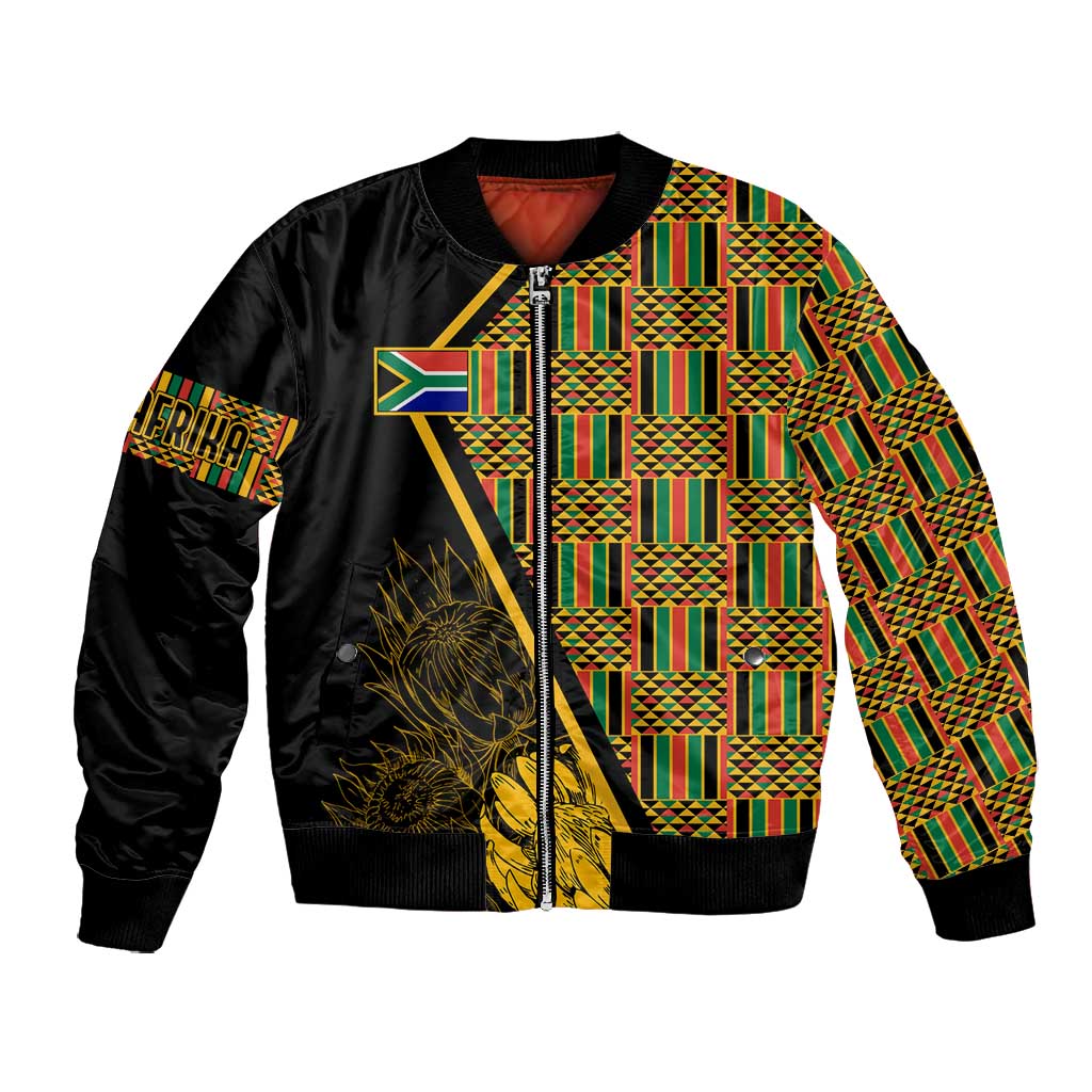 Personalised South African Heritage Day Bomber Jacket Kente Ethnic Patterns Mix Protea