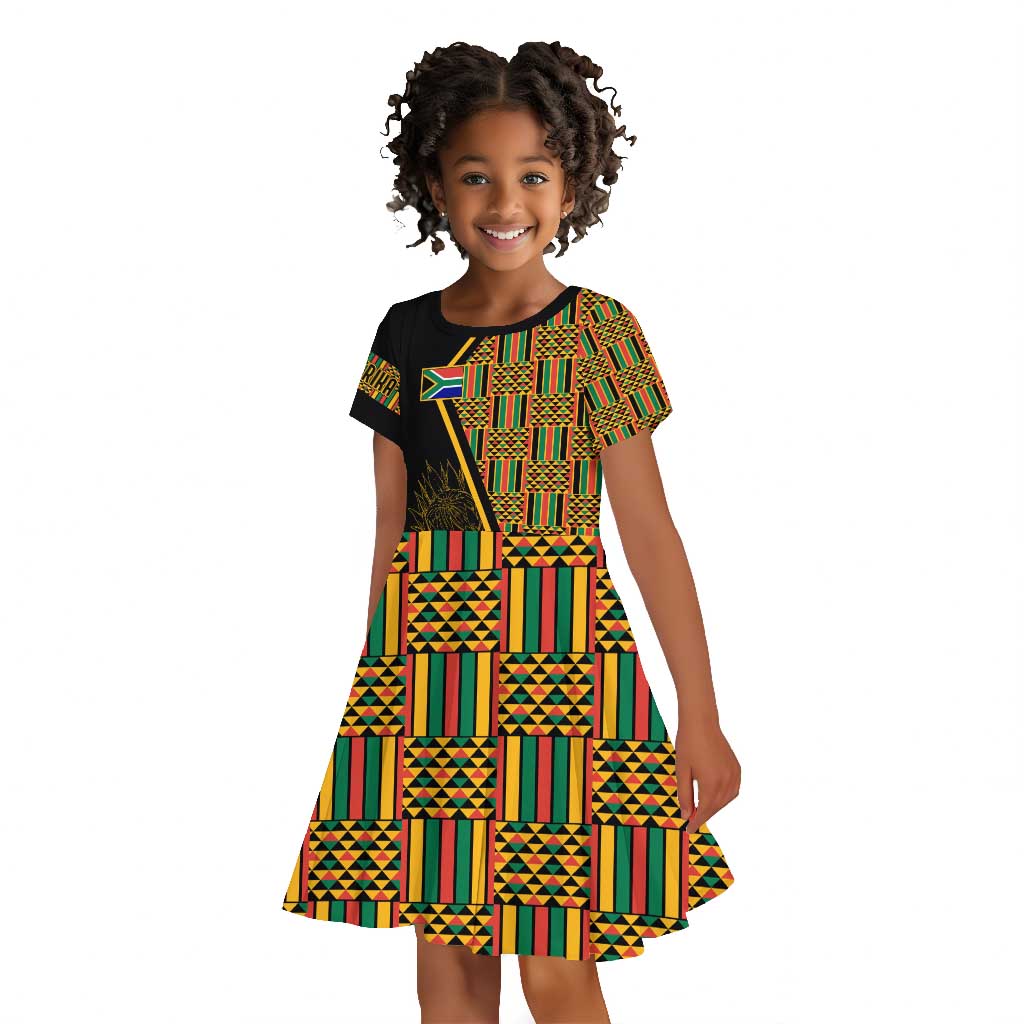 Personalised South African Heritage Day Kid Short Sleeve Dress Kente Ethnic Patterns Mix Protea