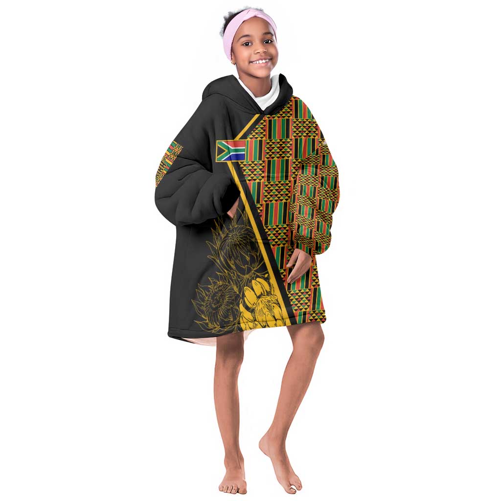 Personalised South African Heritage Day KId Wearable Blanket Hoodie Kente Ethnic Patterns Mix Protea