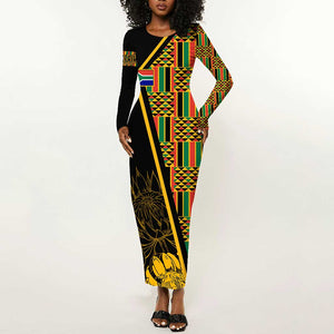 Personalised South African Heritage Day Long Sleeve Bodycon Dress Kente Ethnic Patterns Mix Protea