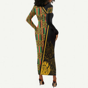 Personalised South African Heritage Day Long Sleeve Bodycon Dress Kente Ethnic Patterns Mix Protea