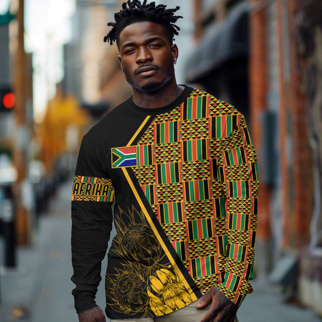 Personalised South African Heritage Day Long Sleeve Shirt Kente Ethnic Patterns Mix Protea LT7