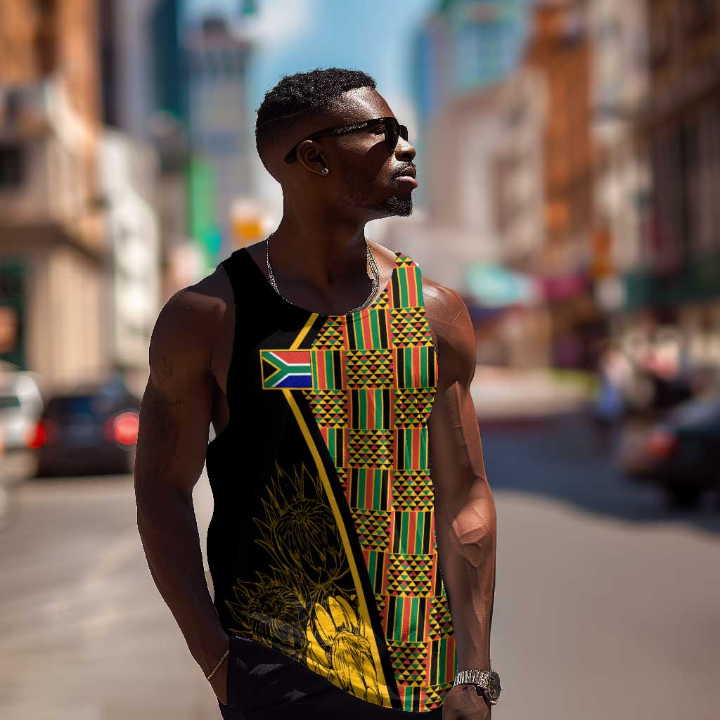 Personalised South African Heritage Day Men Tank Top Kente Ethnic Patterns Mix Protea