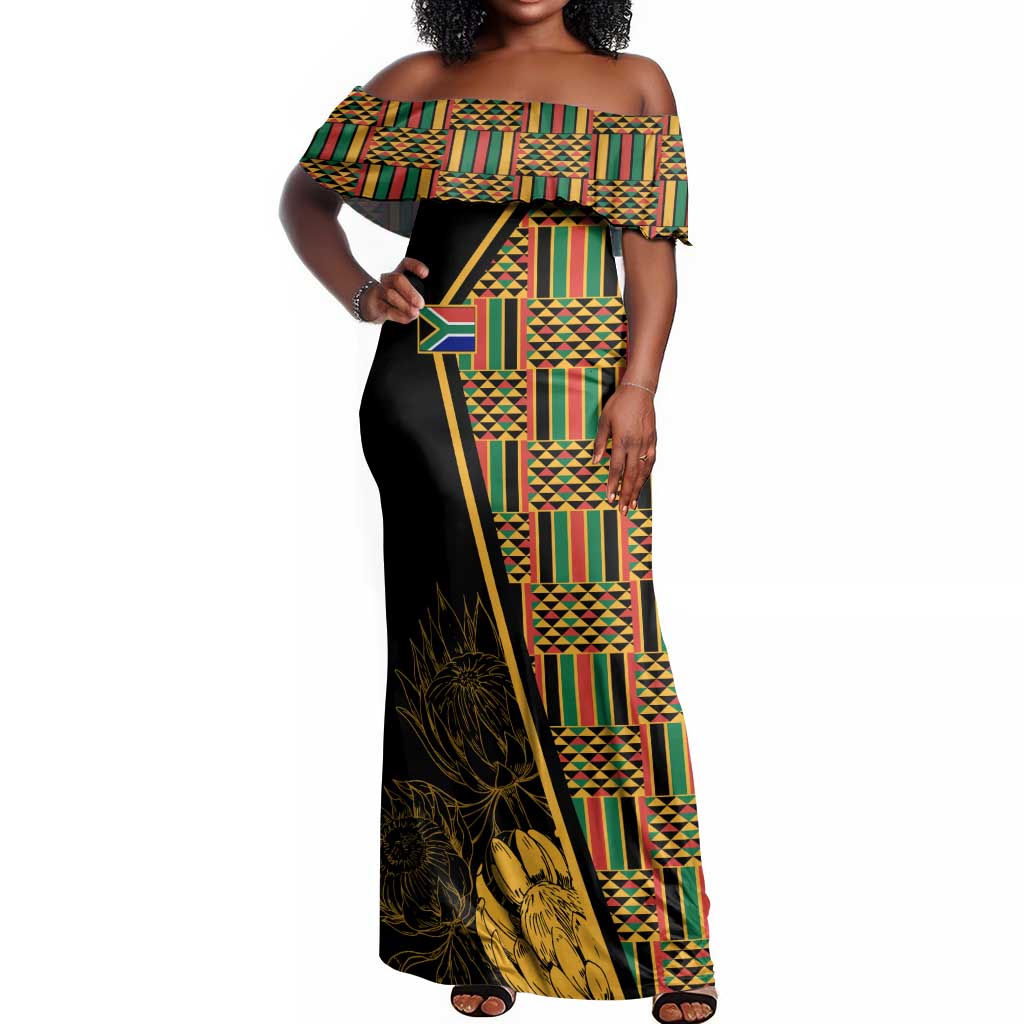 Personalised South African Heritage Day Off Shoulder Maxi Dress Kente Ethnic Patterns Mix Protea