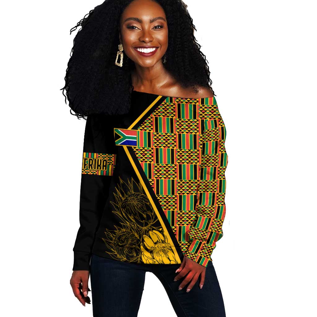 Personalised South African Heritage Day Off Shoulder Sweater Kente Ethnic Patterns Mix Protea