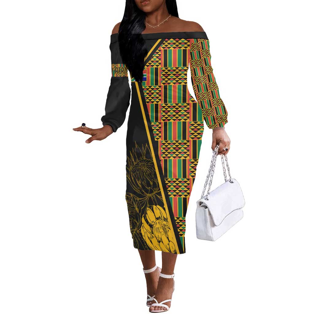 Personalised South African Heritage Day Off The Shoulder Long Sleeve Dress Kente Ethnic Patterns Mix Protea