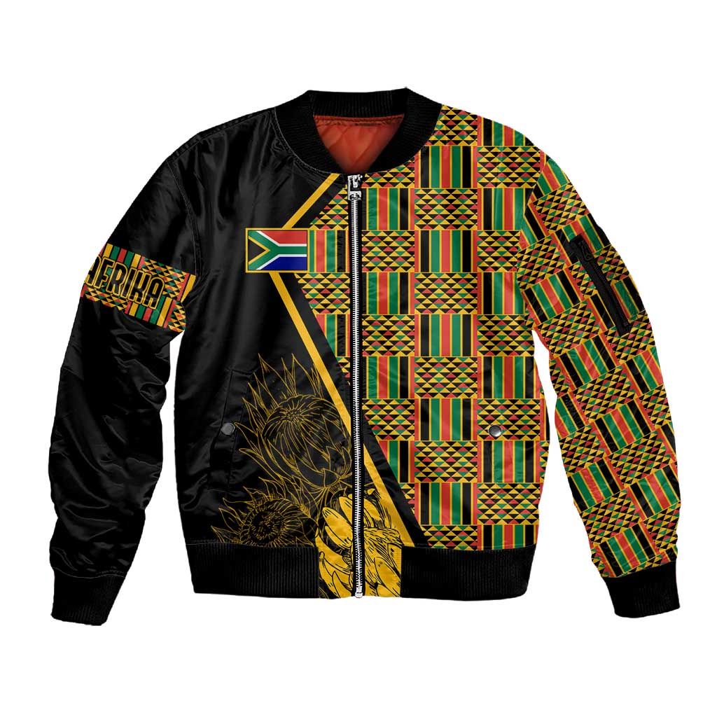 Personalised South African Heritage Day Sleeve Zip Bomber Jacket Kente Ethnic Patterns Mix Protea