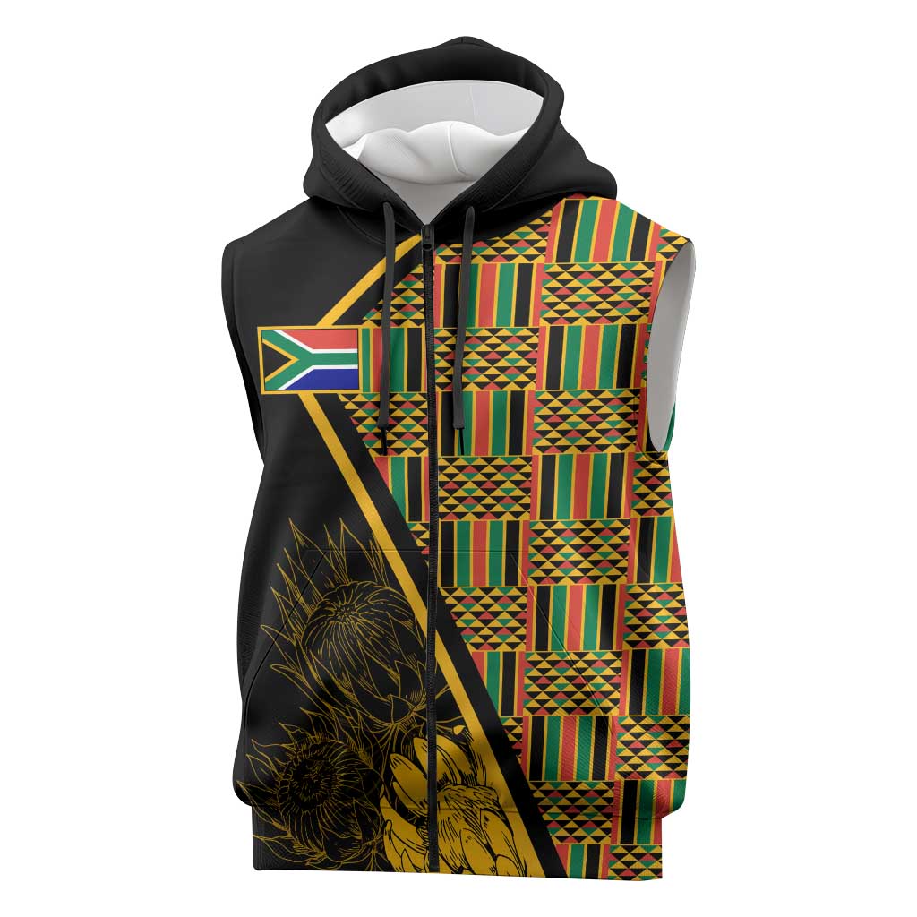 Personalised South African Heritage Day Sleeveless Zip Hoodie Kente Ethnic Patterns Mix Protea - African Pride