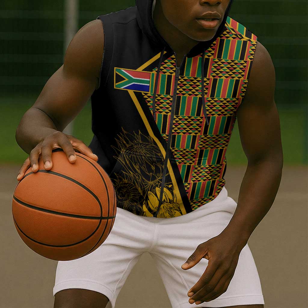 Personalised South African Heritage Day Sleeveless Zip Hoodie Kente Ethnic Patterns Mix Protea - African Pride