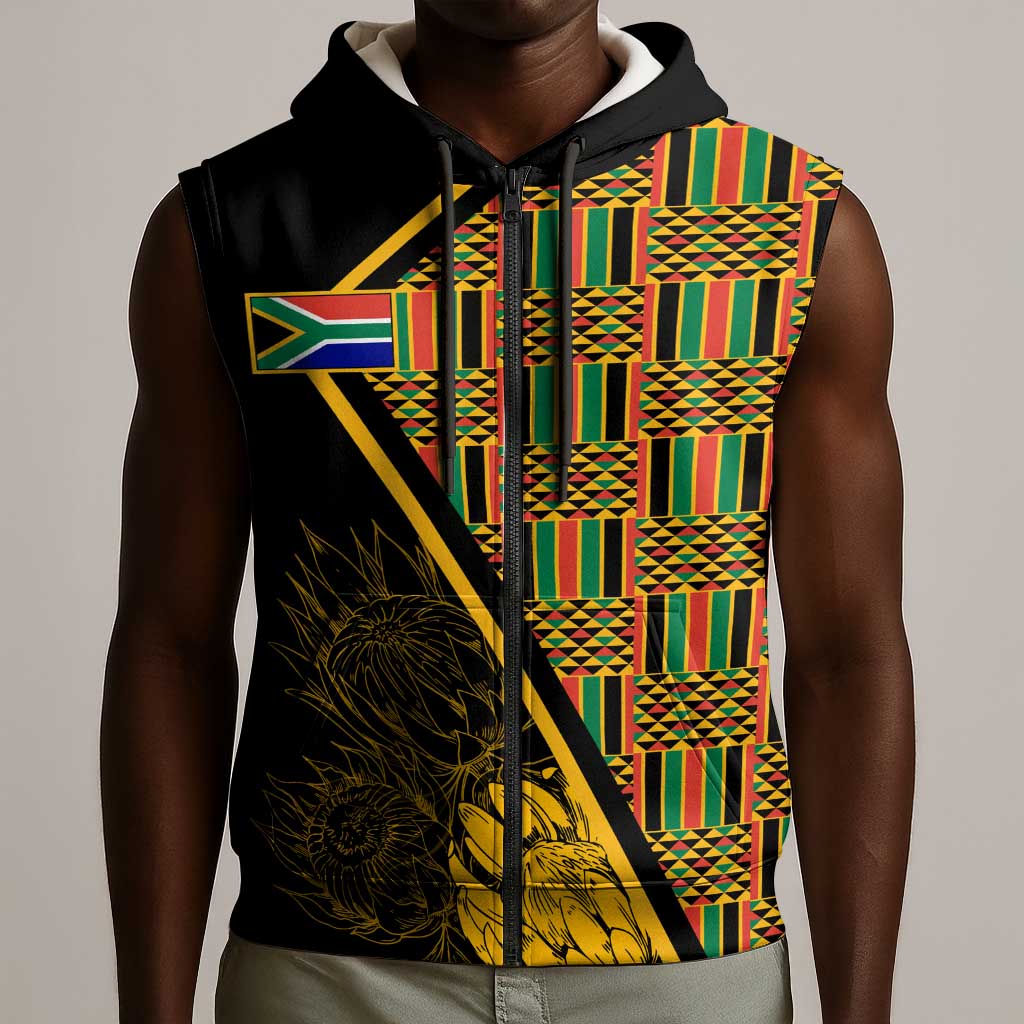 Personalised South African Heritage Day Sleeveless Zip Hoodie Kente Ethnic Patterns Mix Protea - African Pride