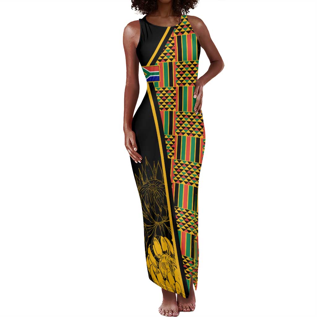 Personalised South African Heritage Day Tank Maxi Dress Kente Ethnic Patterns Mix Protea