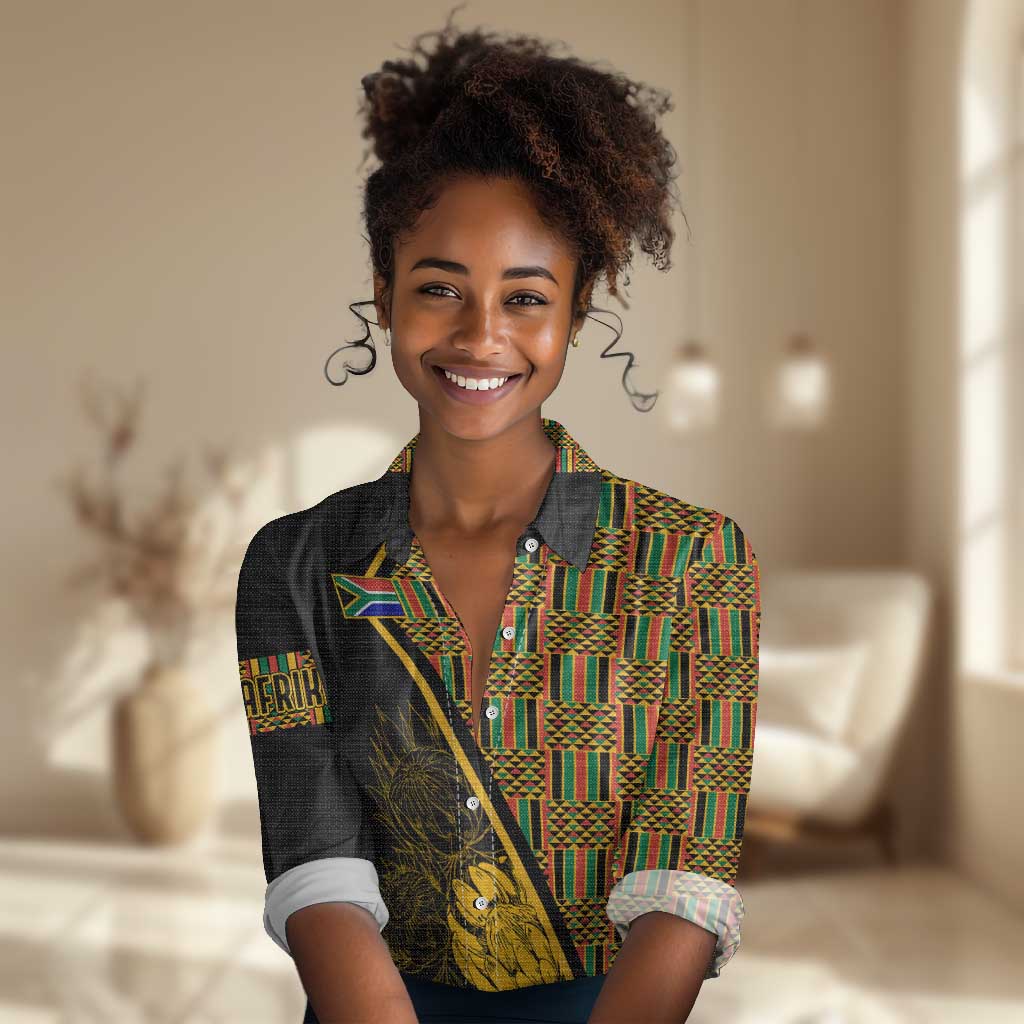 Personalised South African Heritage Day Women Casual Shirt Kente Ethnic Patterns Mix Protea