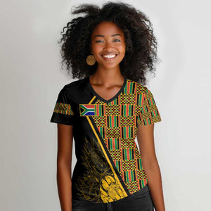 Personalised South African Heritage Day Women V-Neck T-Shirt Kente Ethnic Patterns Mix Protea