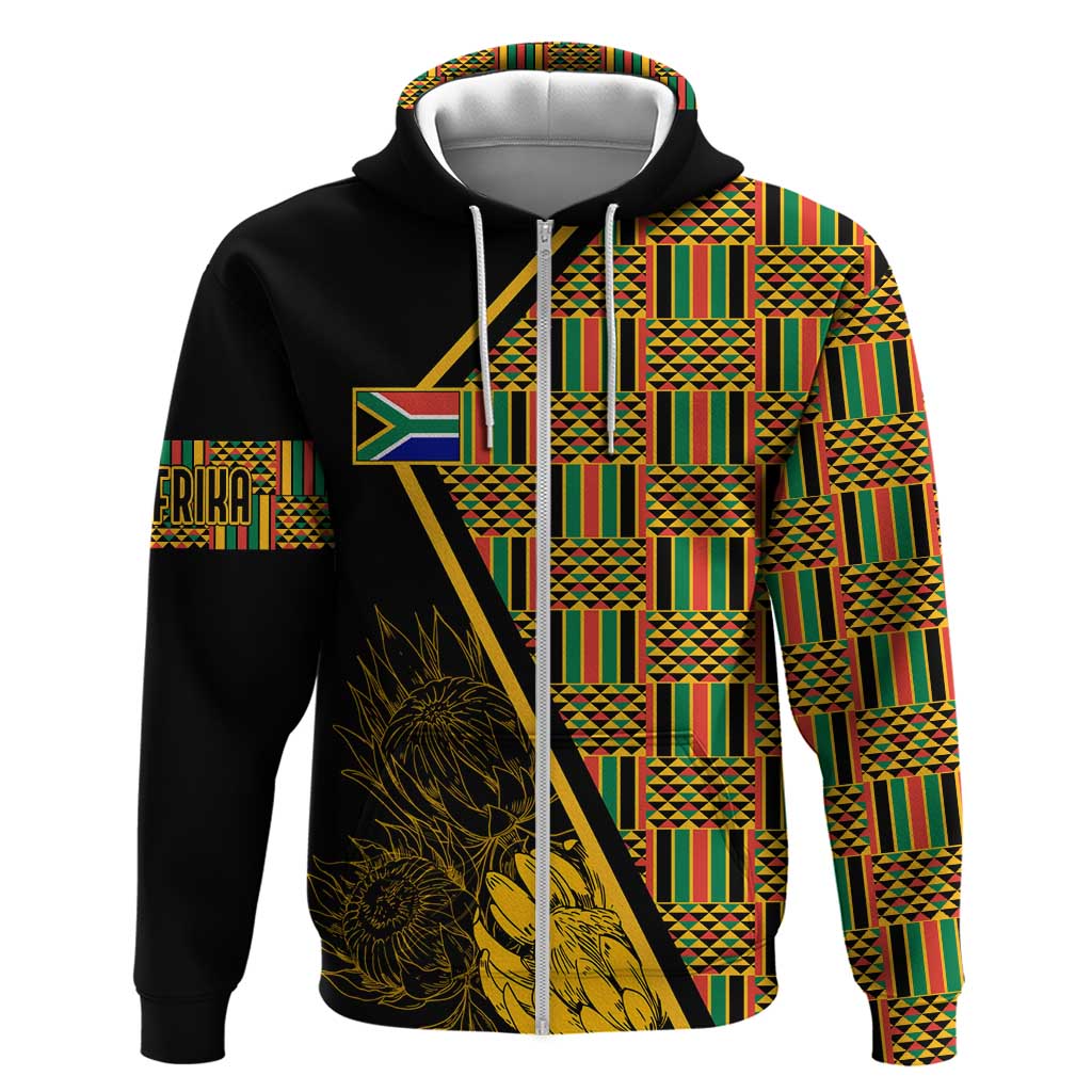 Personalised South African Heritage Day Zip Hoodie Kente Ethnic Patterns Mix Protea