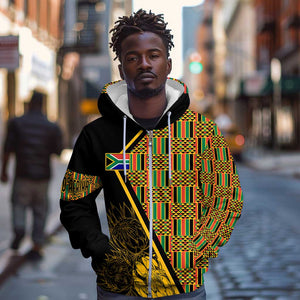 Personalised South African Heritage Day Zip Hoodie Kente Ethnic Patterns Mix Protea