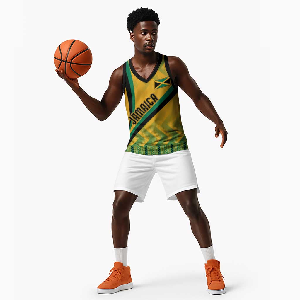 Personalised Jamaica Basketball Jersey Kente Pattern Basic - Yellow LT7