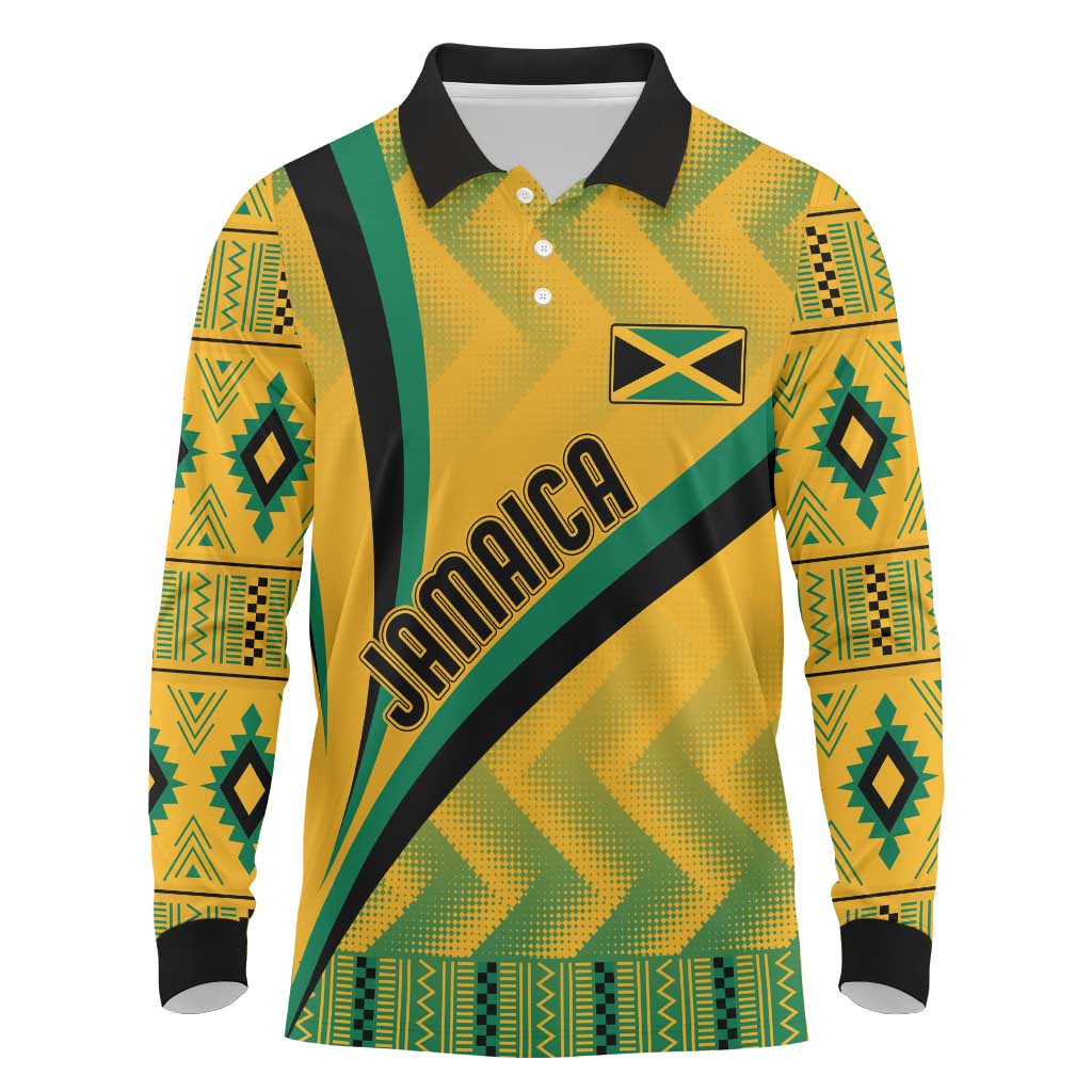 Personalised Jamaica Long Sleeve Polo Shirt Kente Pattern Basic - Yellow