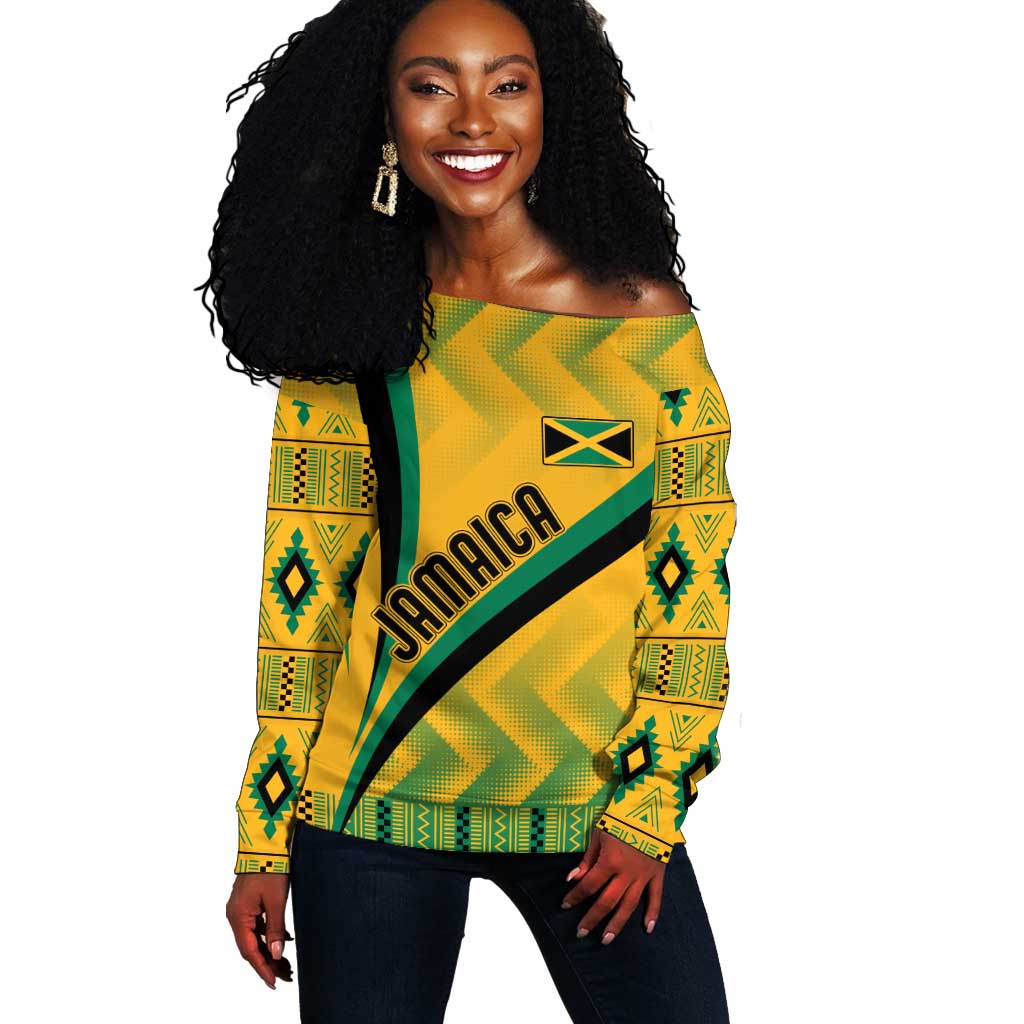 Personalised Jamaica Off Shoulder Sweater Kente Pattern Basic - Yellow