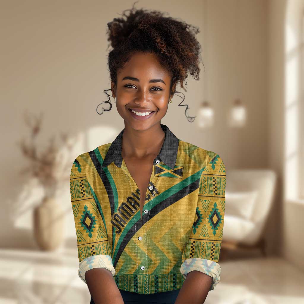 Personalised Jamaica Women Casual Shirt Kente Pattern Basic - Yellow