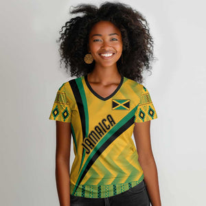 Personalised Jamaica Women V-Neck T-Shirt Kente Pattern Basic - Yellow