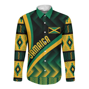 Personalised Jamaica Long Sleeve Button Shirt Kente Pattern Basic - Black