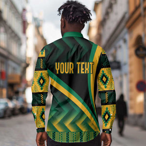 Personalised Jamaica Long Sleeve Button Shirt Kente Pattern Basic - Black