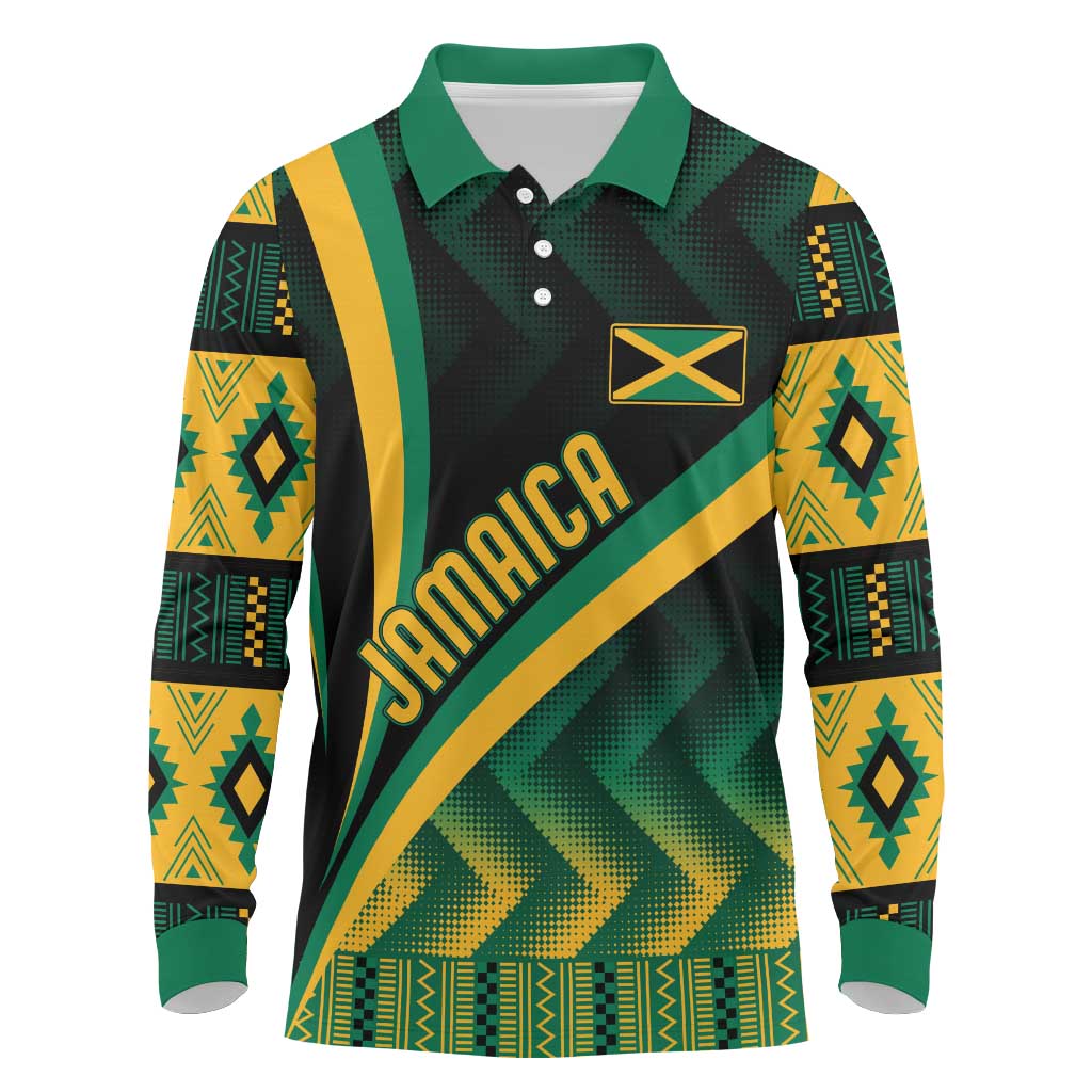 Personalised Jamaica Long Sleeve Polo Shirt Kente Pattern Basic - Black