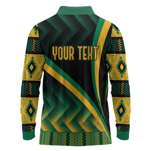 Personalised Jamaica Long Sleeve Polo Shirt Kente Pattern Basic - Black