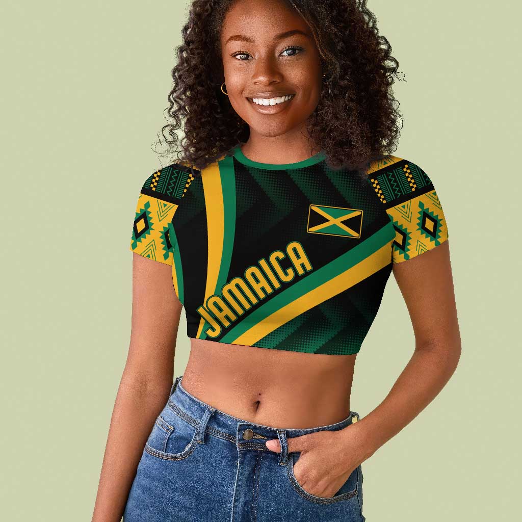 Personalised Jamaica Raglan Cropped T shirt Kente Pattern Basic - Black