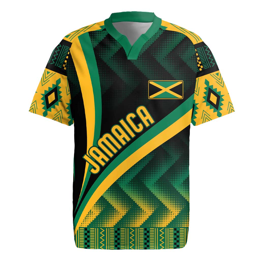 Personalised Jamaica Rugby Jersey Kente Pattern Basic - Black