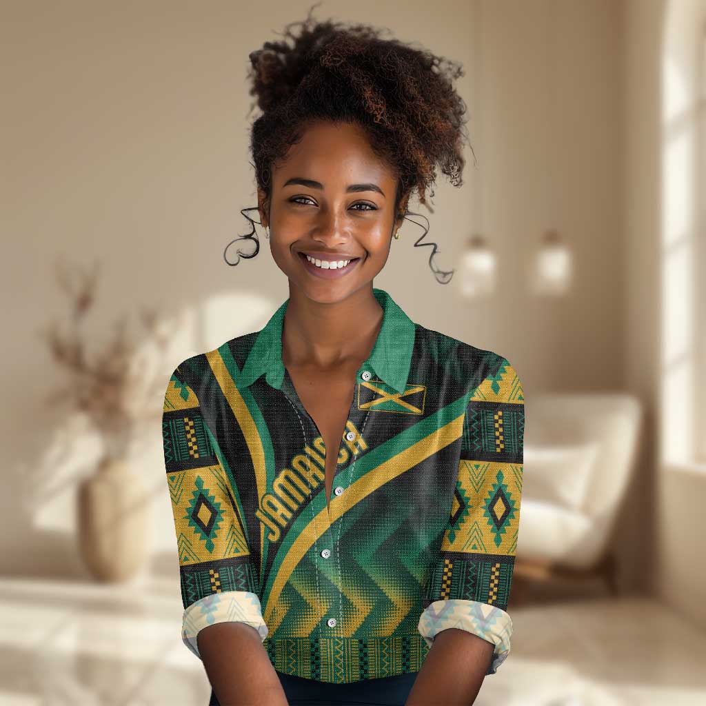 Personalised Jamaica Women Casual Shirt Kente Pattern Basic - Black