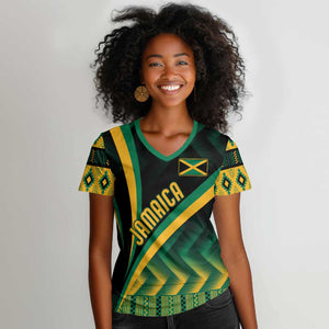 Personalised Jamaica Women V-Neck T-Shirt Kente Pattern Basic - Black