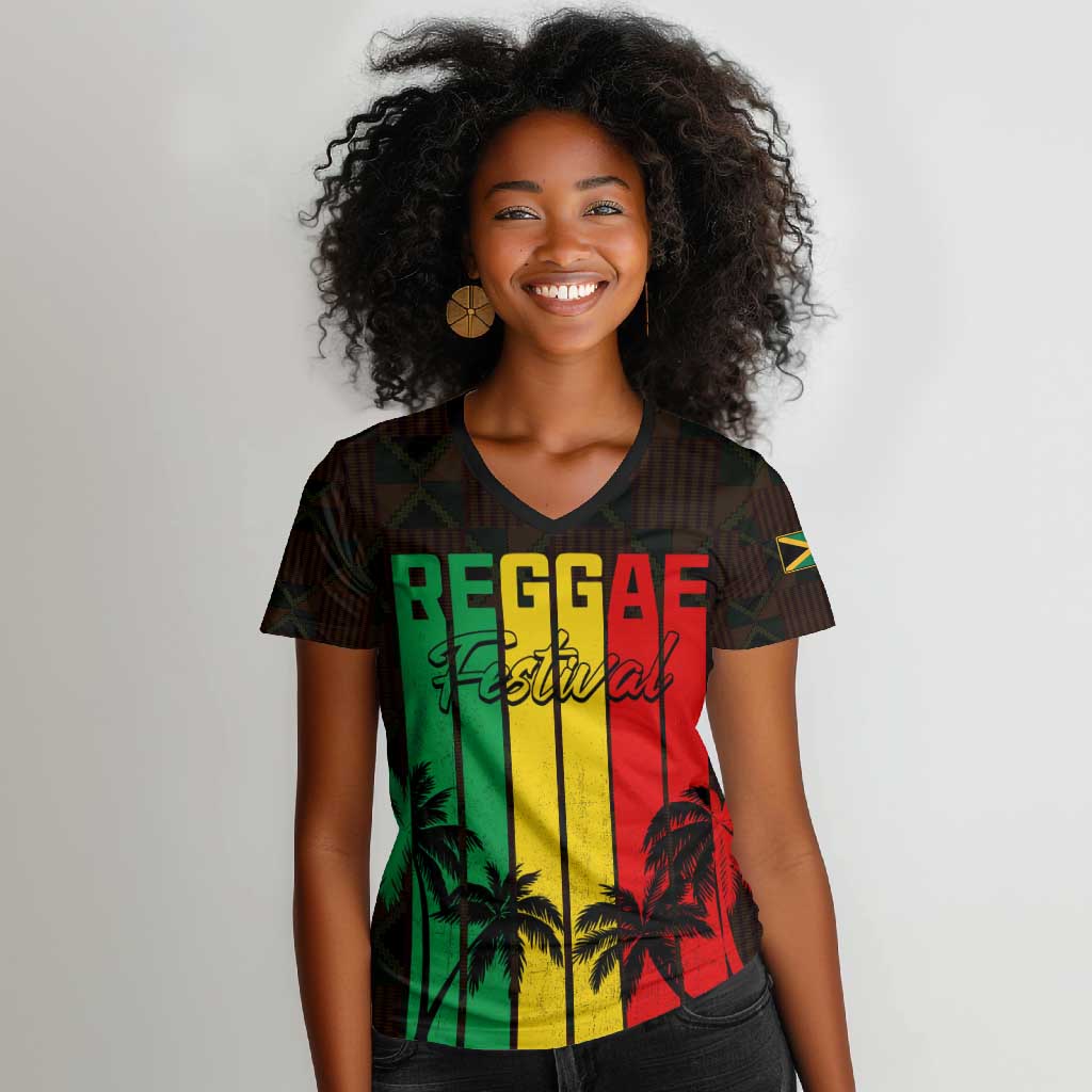 Personalised Jamaica Women V-Neck T-Shirt Reggae Festival Bob Marley Abstract Portrait