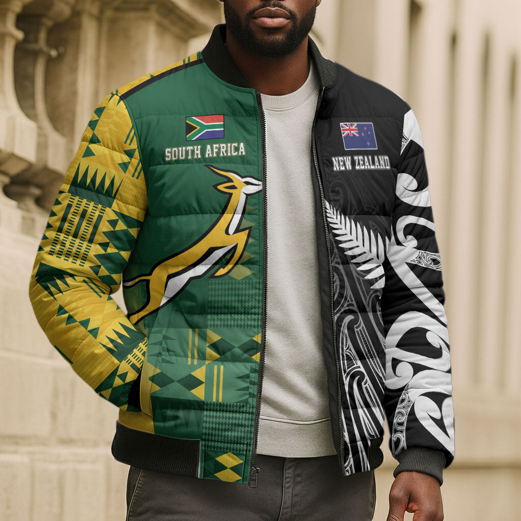 Custom Rugby South Africa New Zealand Greatest Rivals Bomber Puffer Jacket Tribal Motifs