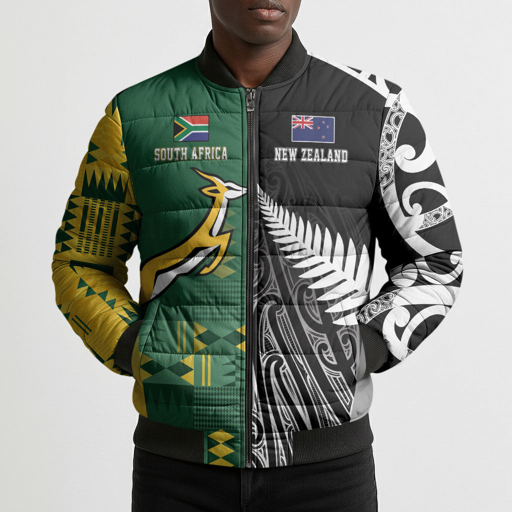 Custom Rugby South Africa New Zealand Greatest Rivals Bomber Puffer Jacket Tribal Motifs