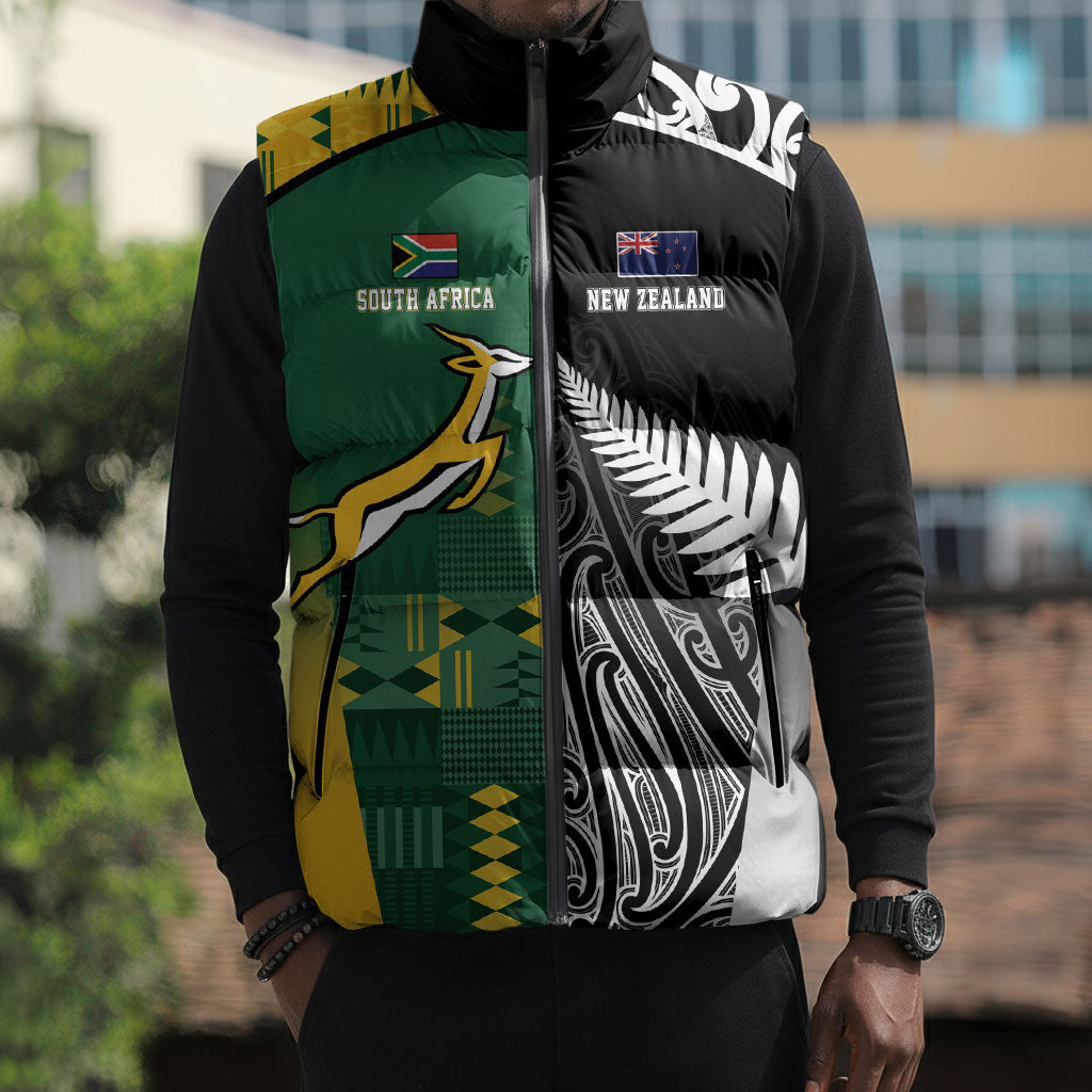 Custom Rugby South Africa New Zealand Greatest Rivals Sleeveless Puffer Jacket Tribal Motifs