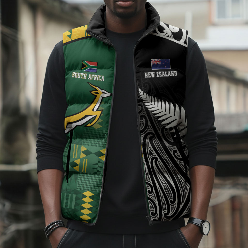 Custom Rugby South Africa New Zealand Greatest Rivals Sleeveless Puffer Jacket Tribal Motifs
