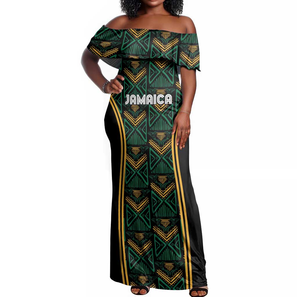 Afro-Jamaica Custom Off Shoulder Maxi Dress Reggae Boyz Ethnic Motifs