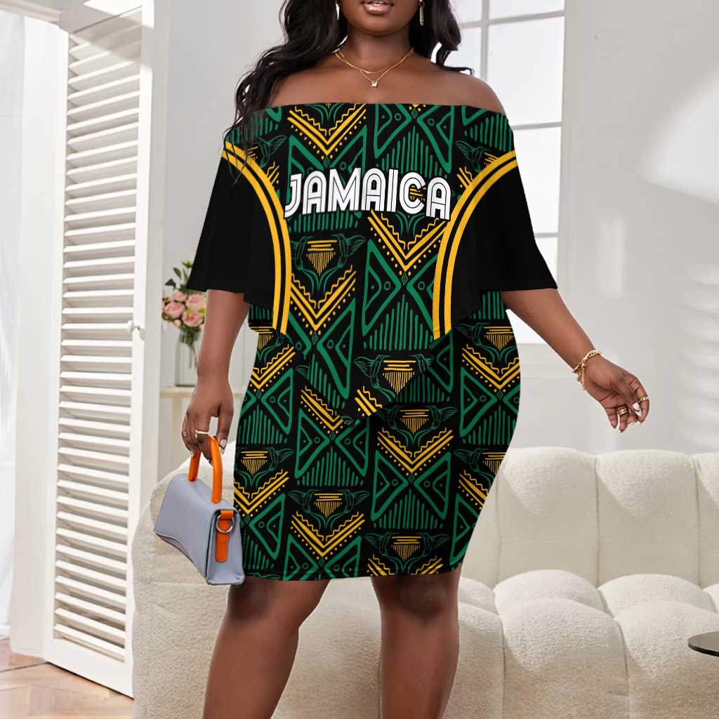 Afro-Jamaica Custom Off Shoulder Short Dress Reggae Boyz Ethnic Motifs