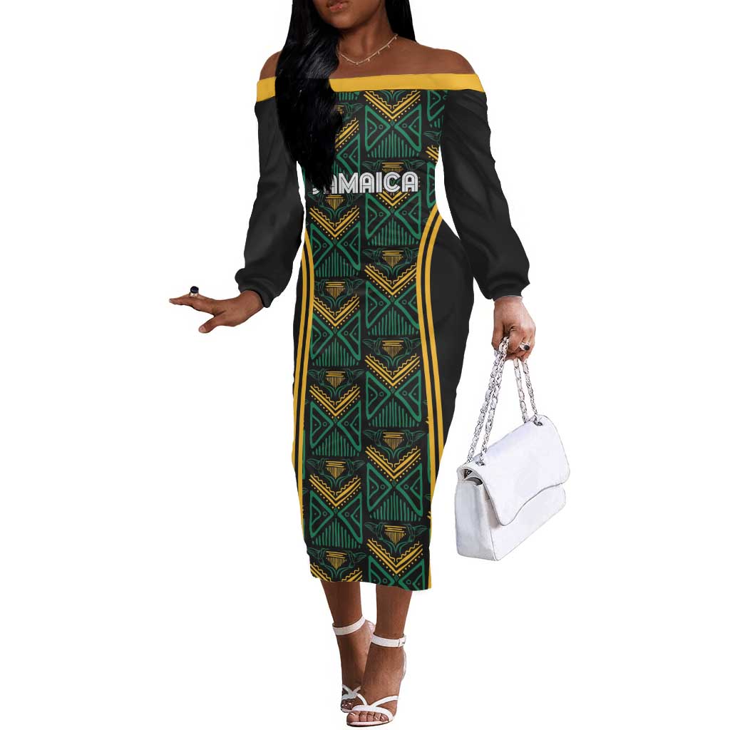 Afro-Jamaica Custom Off The Shoulder Long Sleeve Dress Reggae Boyz Ethnic Motifs