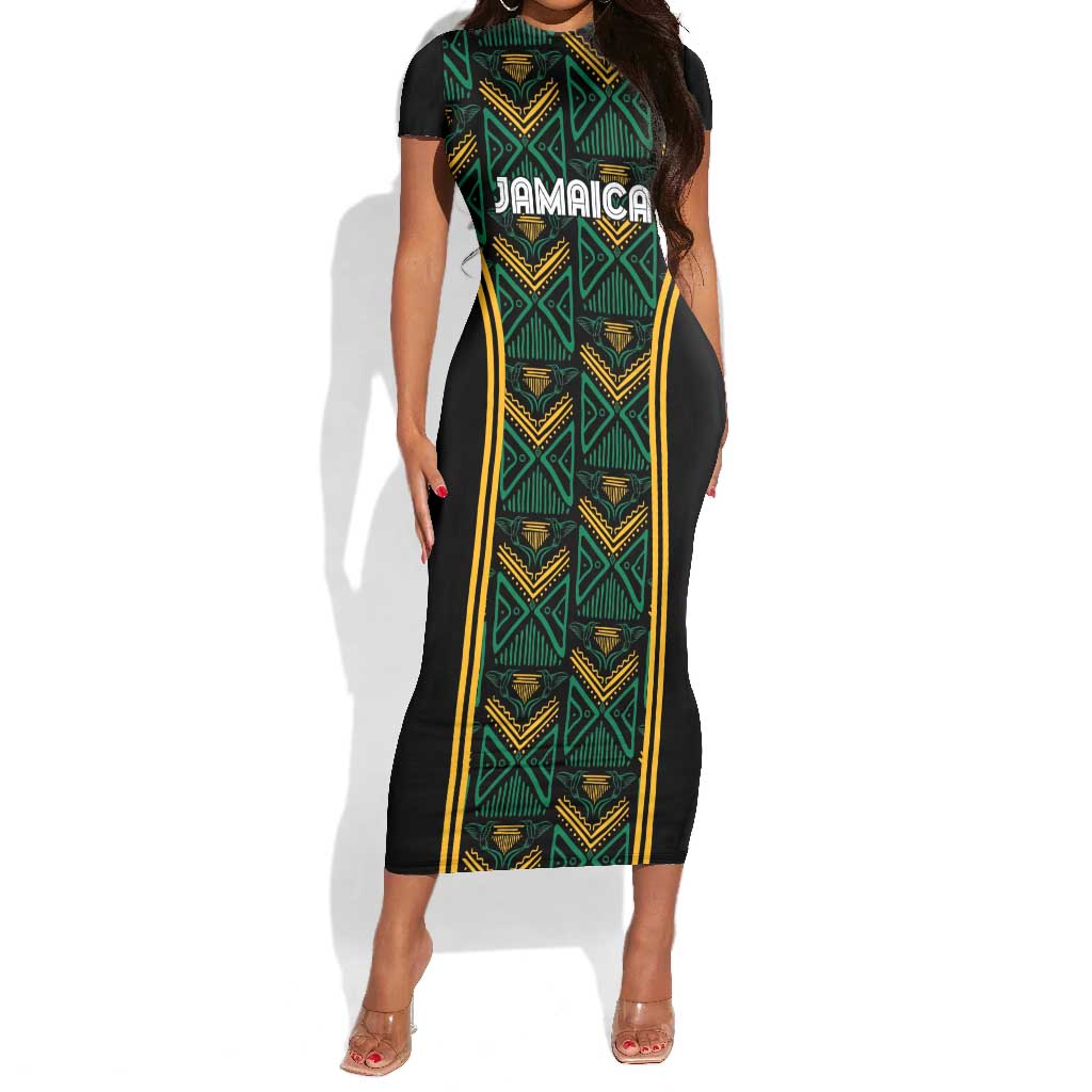 Afro-Jamaica Custom Short Sleeve Bodycon Dress Reggae Boyz Ethnic Motifs