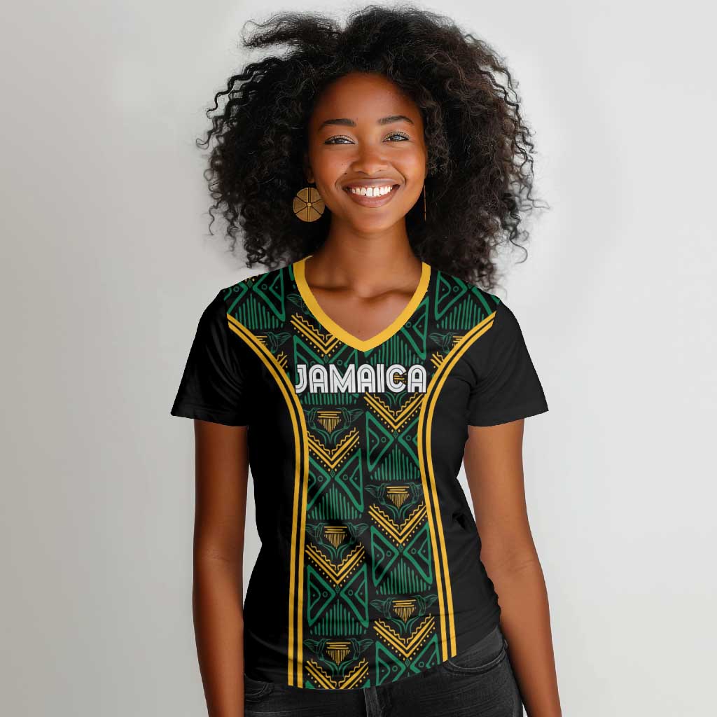 Afro-Jamaica Custom Women V-Neck T-Shirt Reggae Boyz Ethnic Motifs