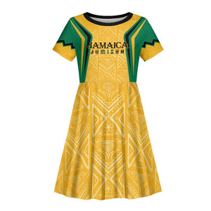 Afro-Jamaica Custom Kid Short Sleeve Dress Golden Ethnic Motifs