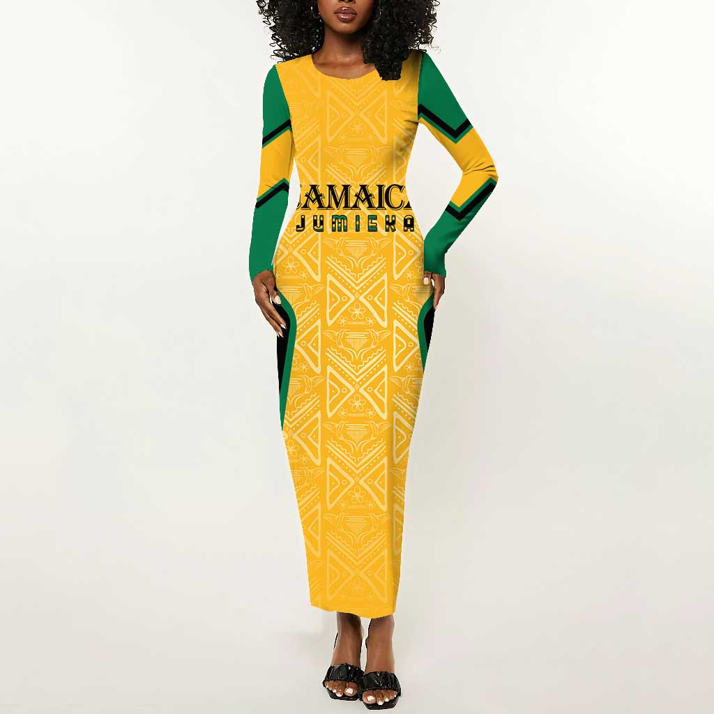 Afro-Jamaica Custom Long Sleeve Bodycon Dress Golden Ethnic Motifs