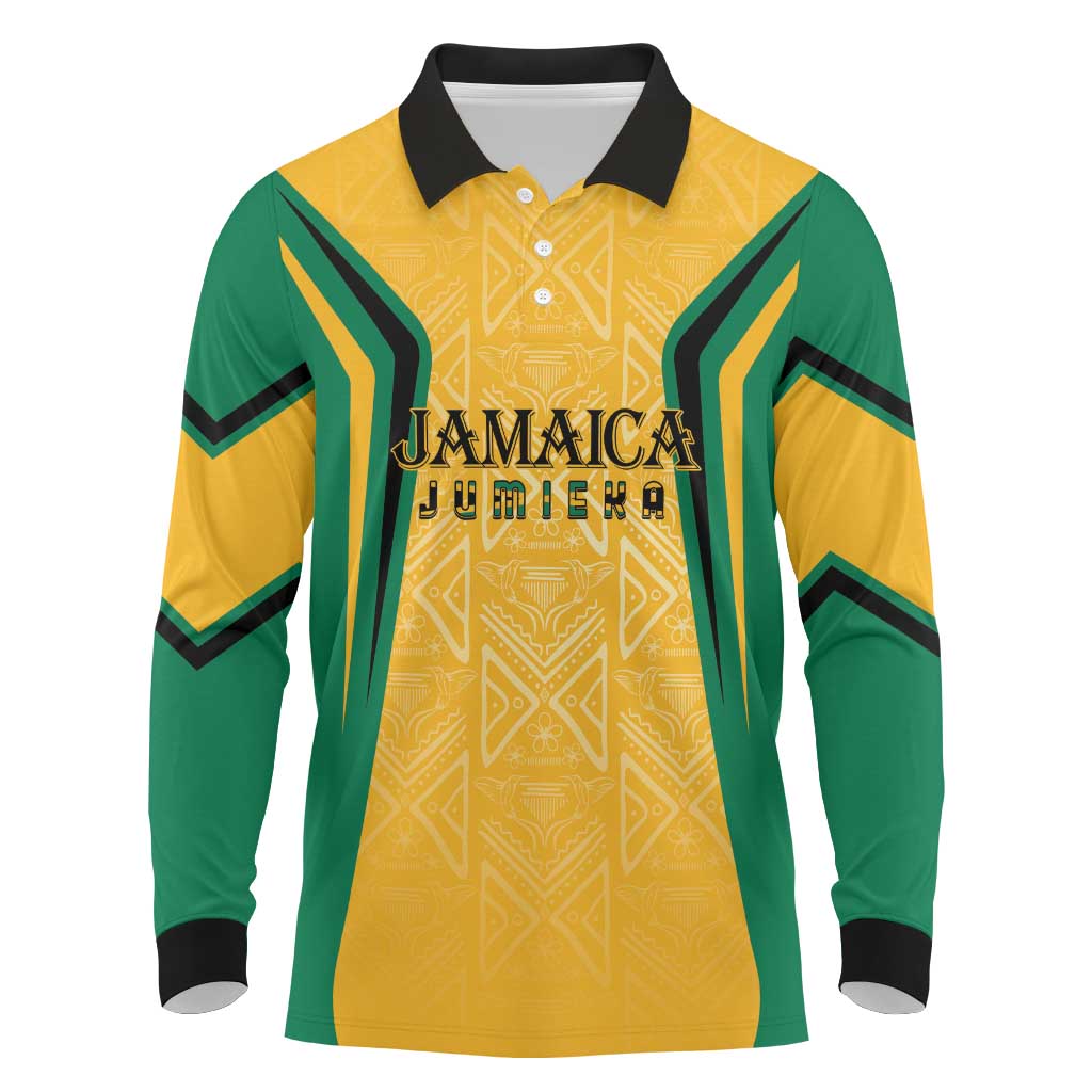 Afro-Jamaica Custom Long Sleeve Polo Shirt Golden Ethnic Motifs