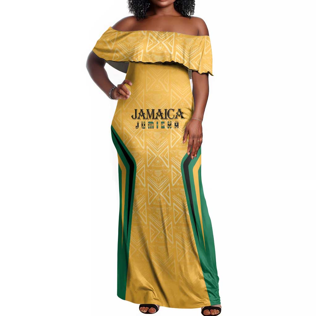 Afro-Jamaica Custom Off Shoulder Maxi Dress Golden Ethnic Motifs