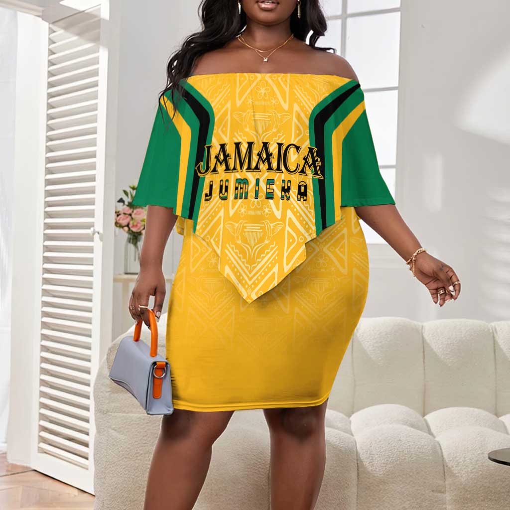 Afro-Jamaica Custom Off Shoulder Short Dress Golden Ethnic Motifs