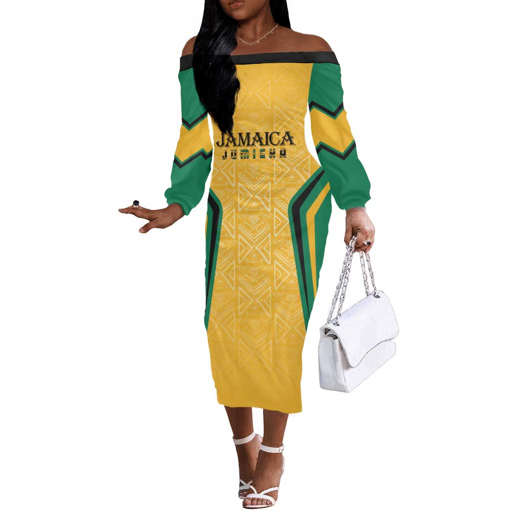 Afro-Jamaica Custom Off The Shoulder Long Sleeve Dress Golden Ethnic Motifs