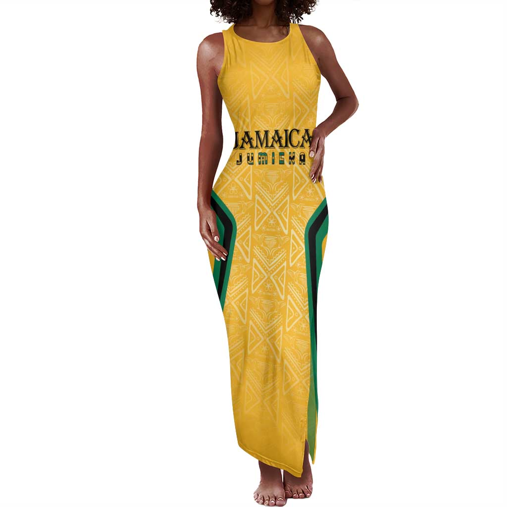 Afro-Jamaica Custom Tank Maxi Dress Golden Ethnic Motifs