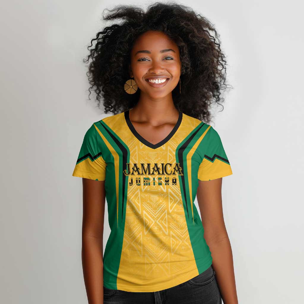 Afro-Jamaica Custom Women V-Neck T-Shirt Golden Ethnic Motifs